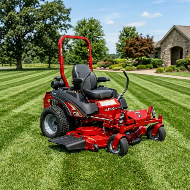 Standalone red Ferris IS2100Z zero-turn ride-on lawn mower on a manicured lawn